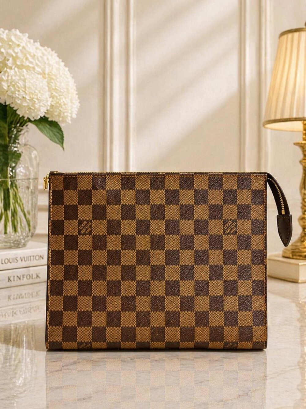 Authentic Louis Vuitton Damier Ebene Poche Toilette 26 Cosmetic Pouch Clutch Bag